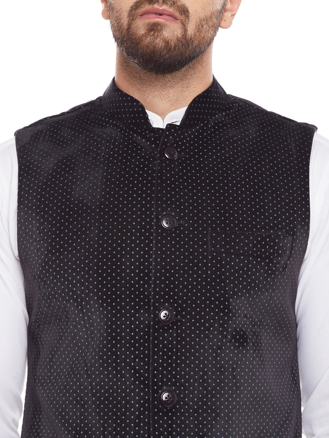 Men Black Polka Dot Printed Velvet  Slim Fit  Nehru Jacket