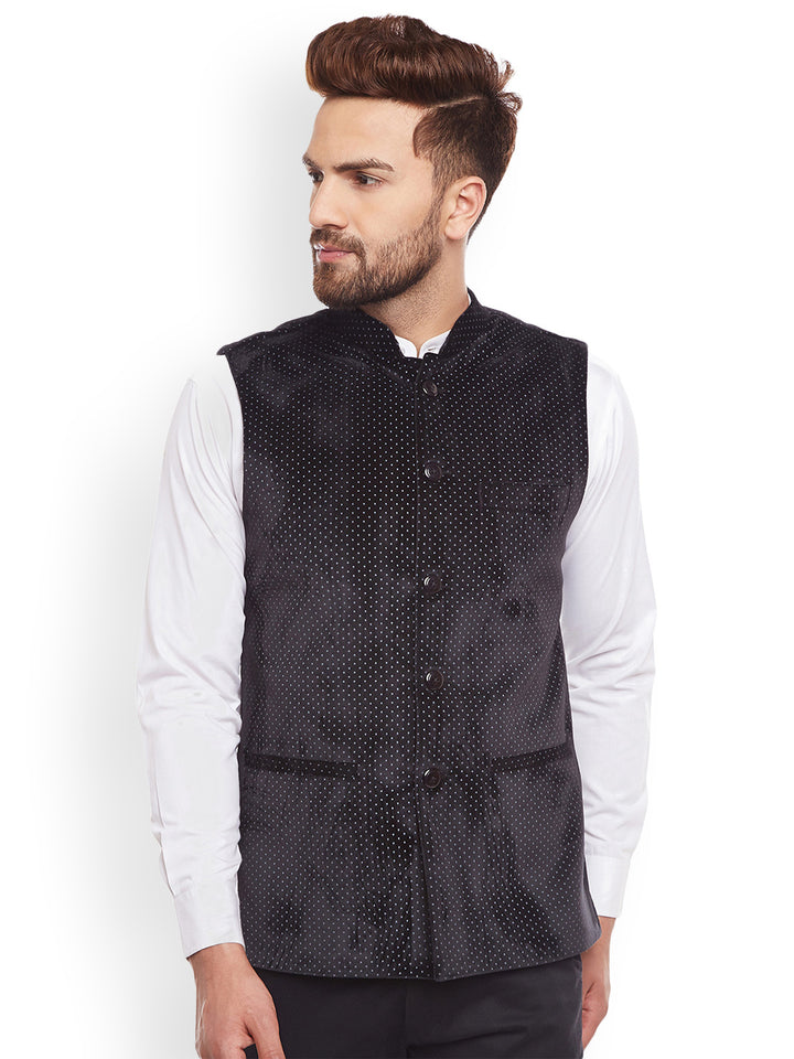 Men Black Polka Dot Printed Velvet  Slim Fit  Nehru Jacket