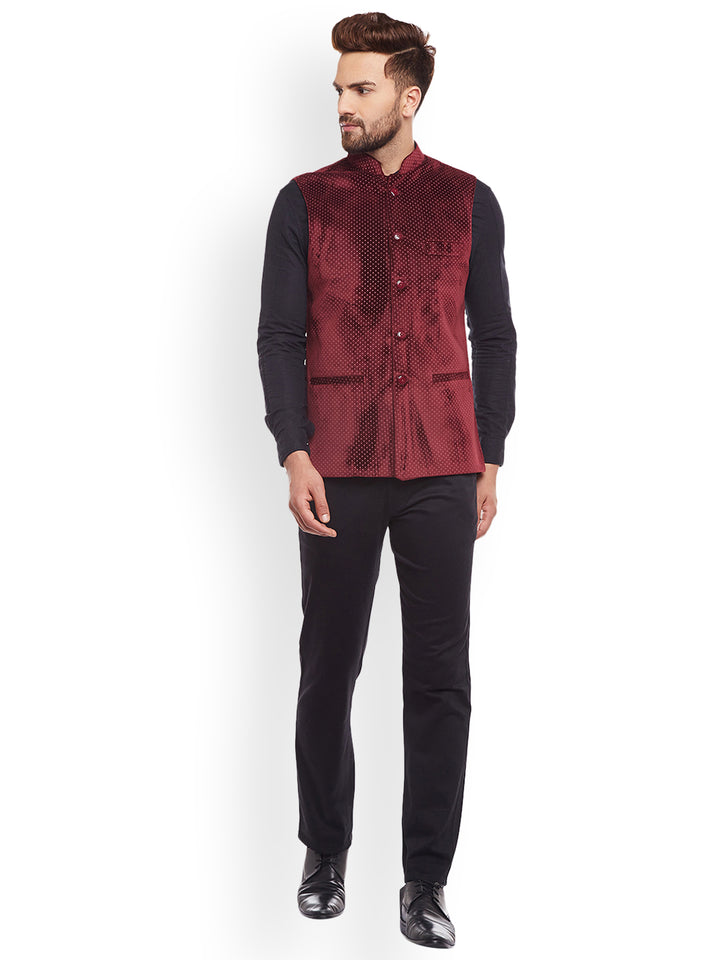 Men Maroon Polka Dot Printed Velvet  Slim Fit  Nehru Jacket