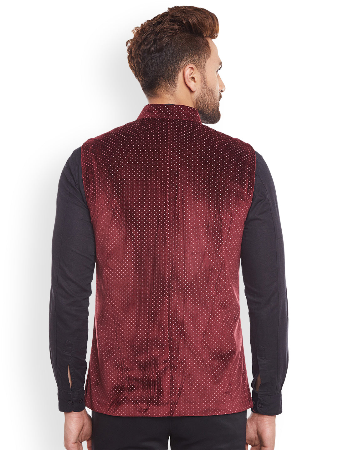 Men Maroon Polka Dot Printed Velvet  Slim Fit  Nehru Jacket