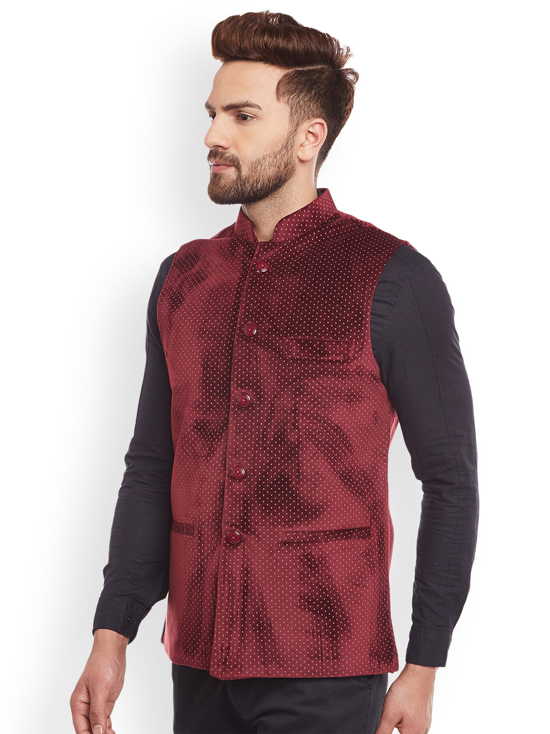 Men Maroon Polka Dot Printed Velvet  Slim Fit  Nehru Jacket