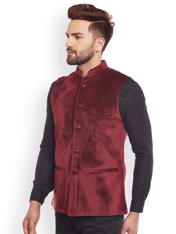 Men Maroon Polka Dot Printed Velvet  Slim Fit  Nehru Jacket