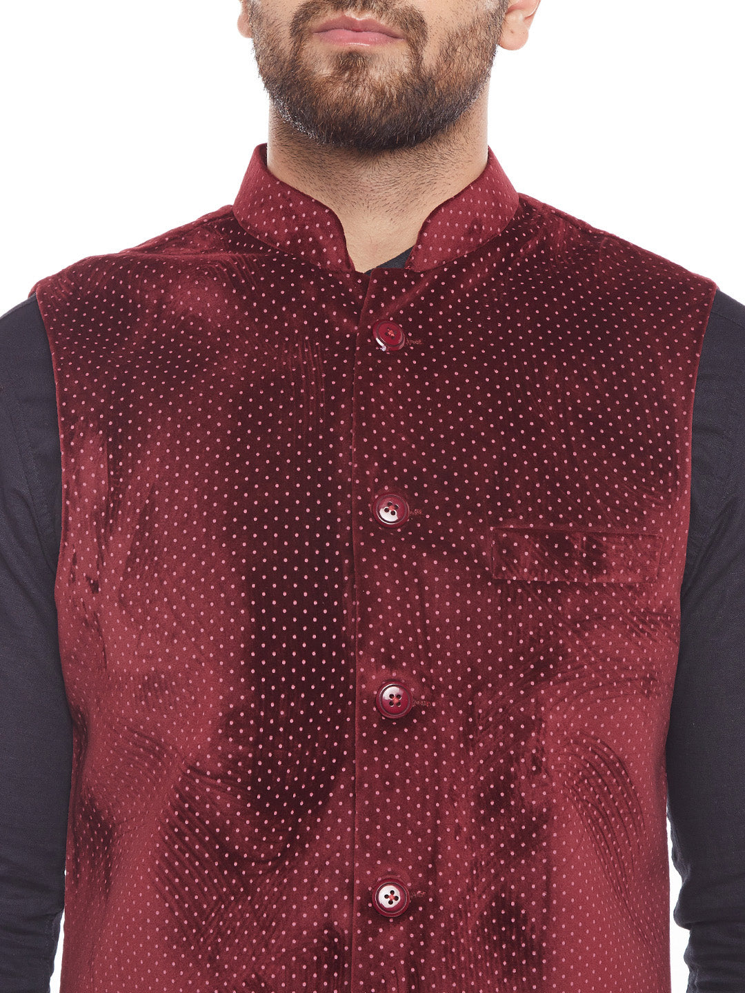 Men Maroon Polka Dot Printed Velvet  Slim Fit  Nehru Jacket