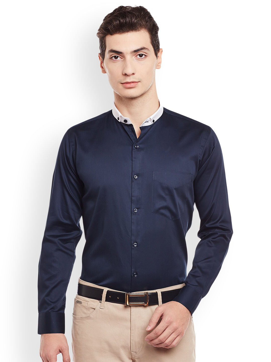 Men Navy Solid Pure Cotton Slim Fit Satin Formal Shirt