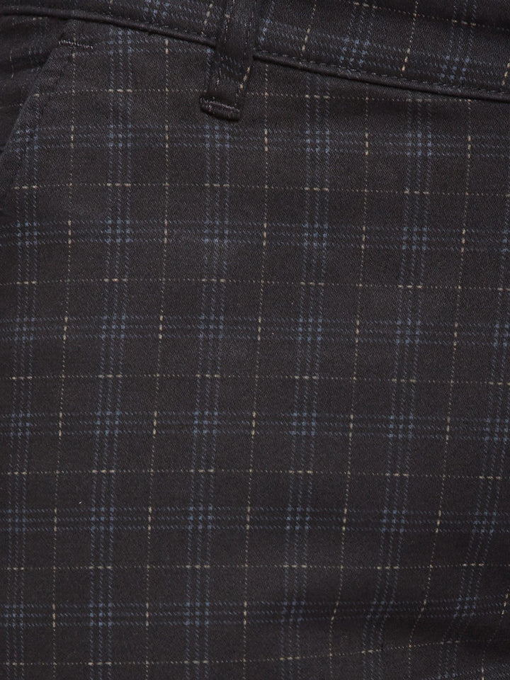 Men Black Checkered Cotton Stretch Slim Fit Casual Trouser