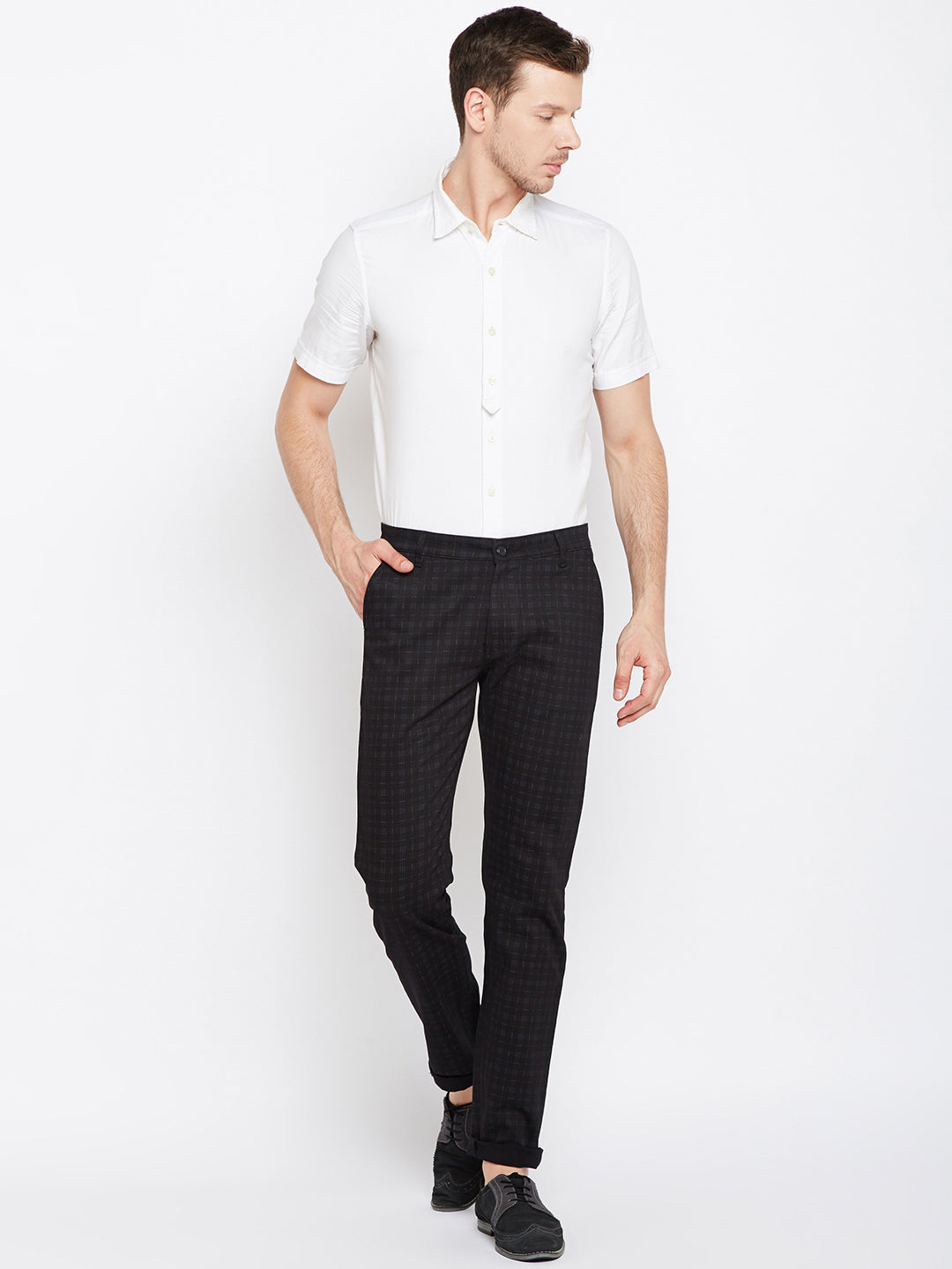 Men Black Checkered Cotton Stretch Slim Fit Casual Trouser