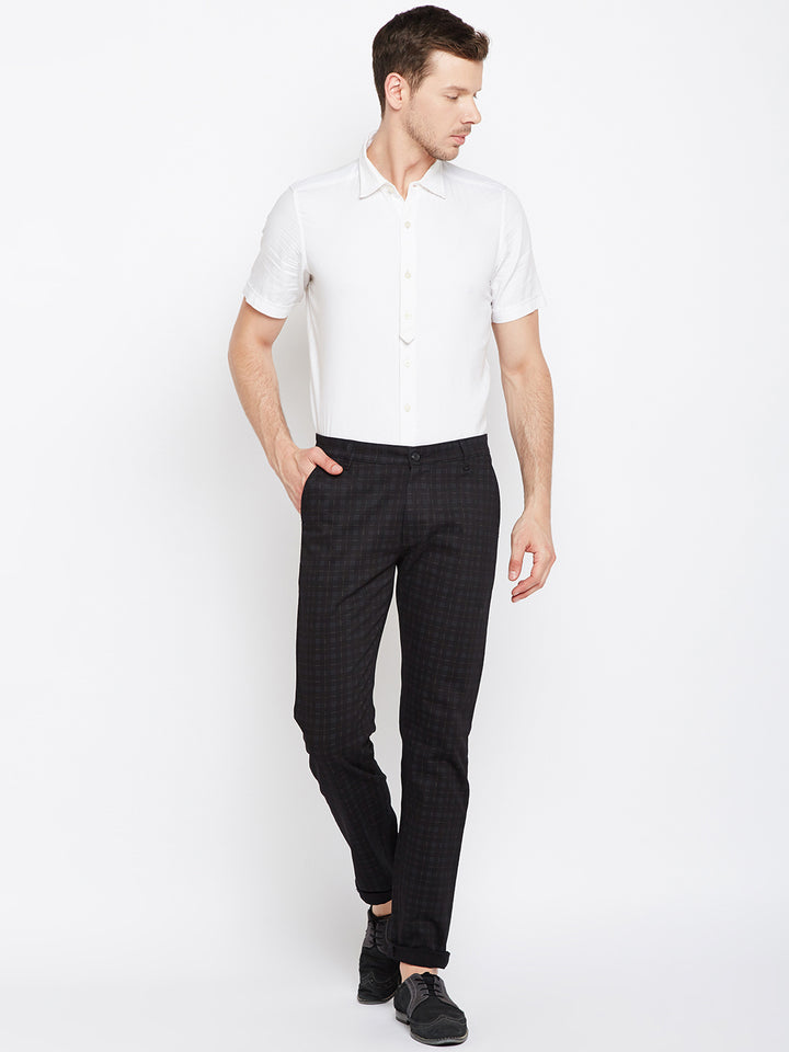 Men Black Checkered Cotton Stretch Slim Fit Casual Trouser
