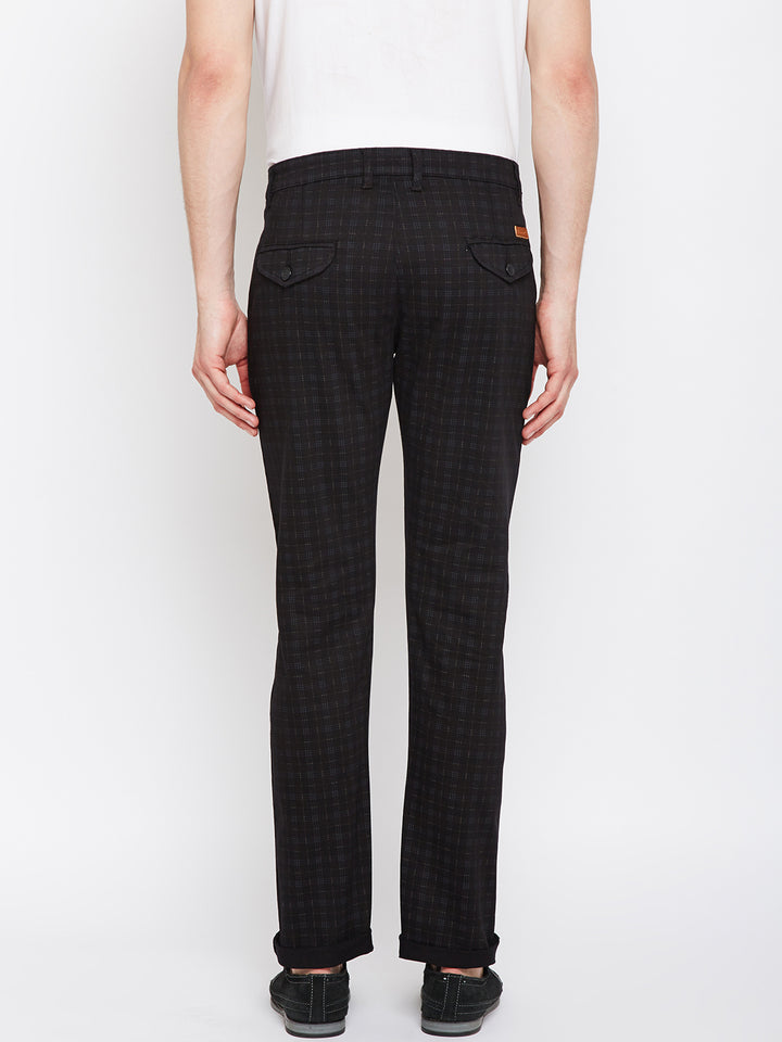 Men Black Checkered Cotton Stretch Slim Fit Casual Trouser