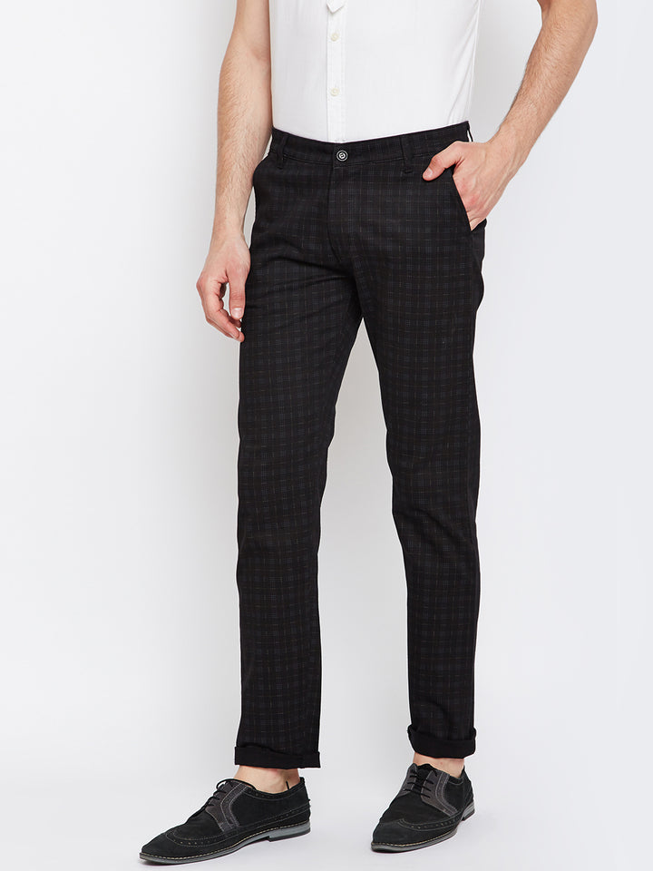 Men Black Checkered Cotton Stretch Slim Fit Casual Trouser
