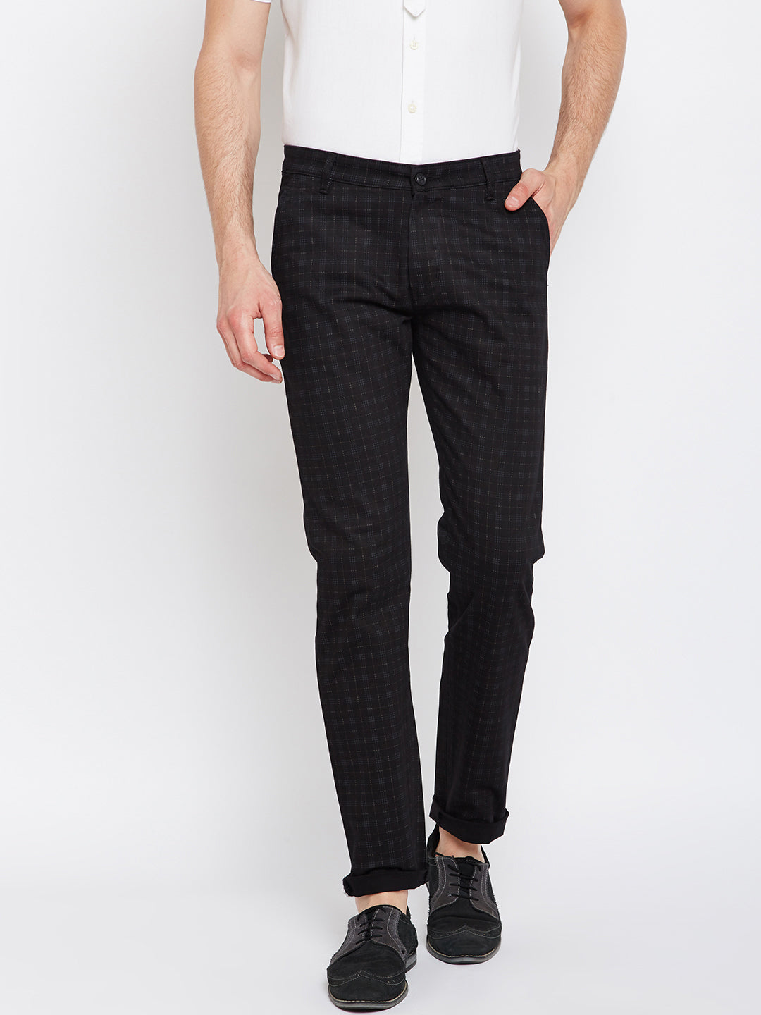 Men Black Checkered Cotton Stretch Slim Fit Casual Trouser
