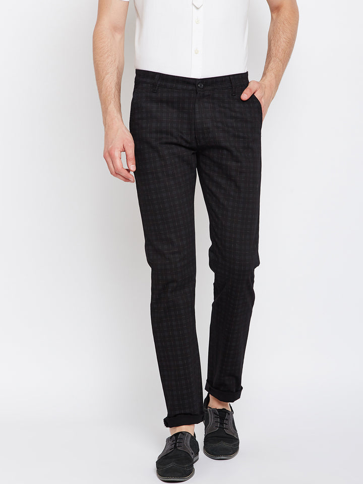 Men Black Checkered Cotton Stretch Slim Fit Casual Trouser