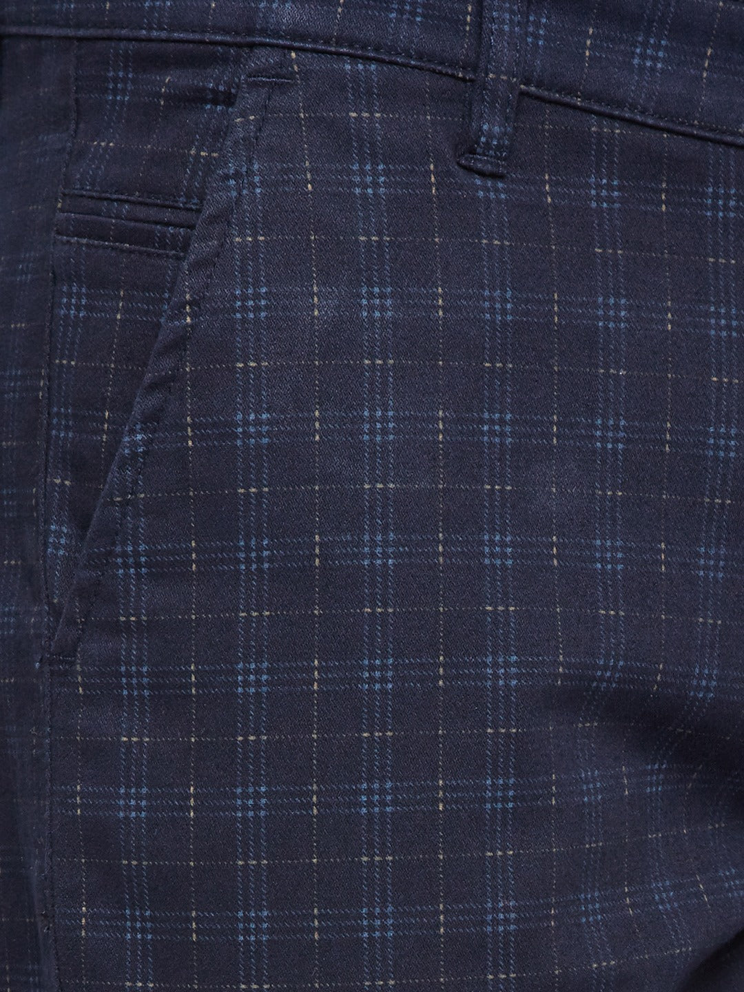 Men Navy Checkered Slim Fit Cotton Stretchable Casual Trouser