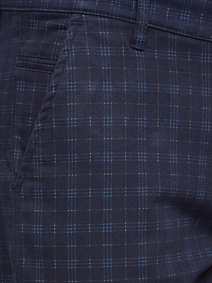 Men Navy Checkered Slim Fit Cotton Stretchable Casual Trouser