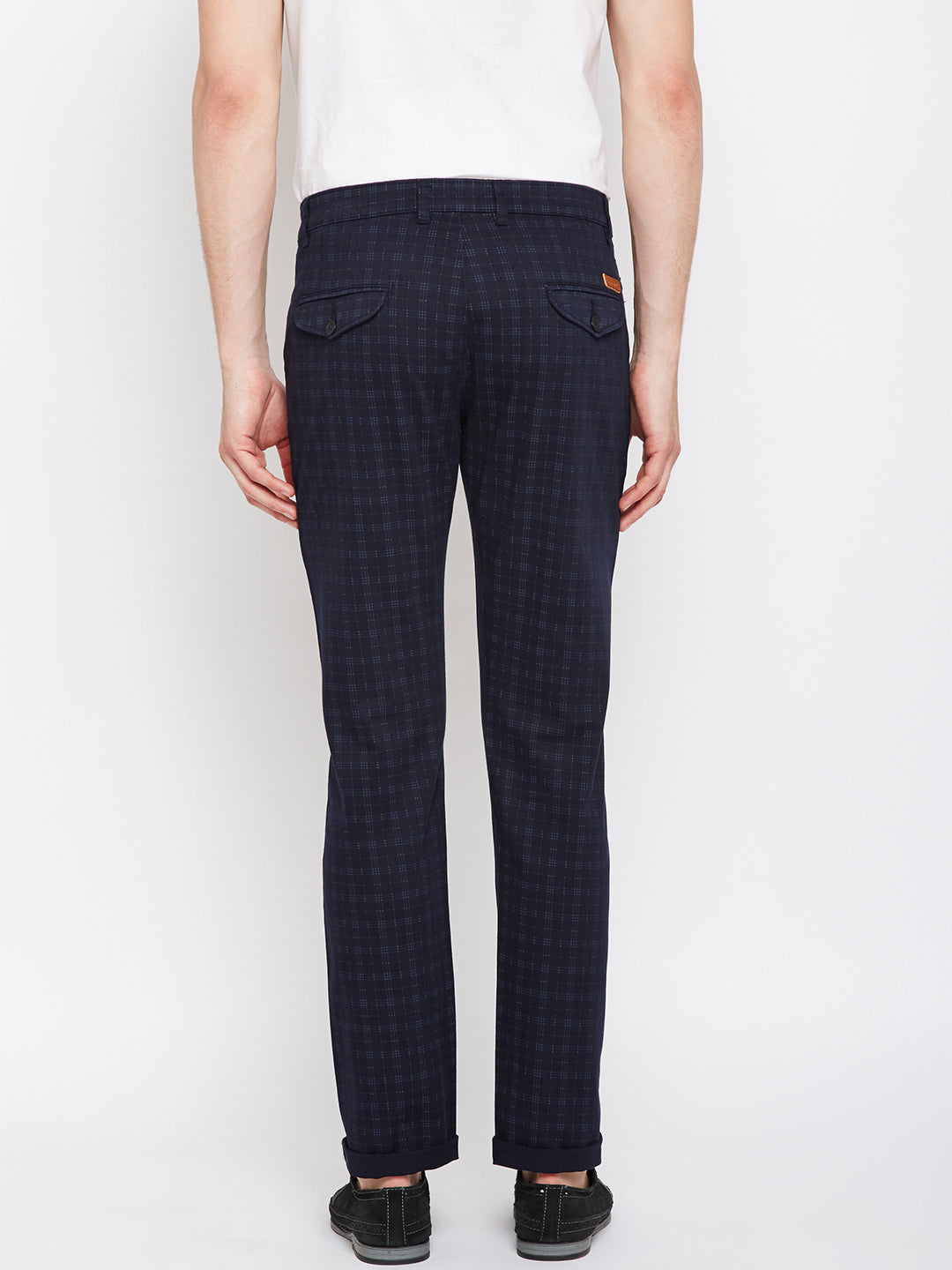 Men Navy Checkered Slim Fit Cotton Stretchable Casual Trouser