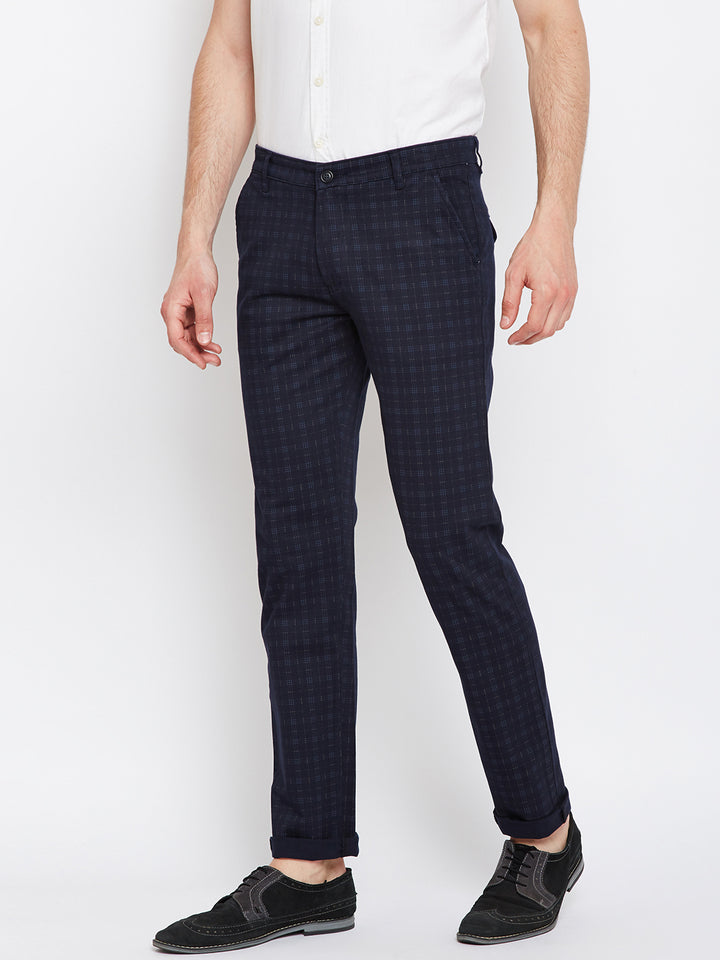 Men Navy Checkered Slim Fit Cotton Stretchable Casual Trouser