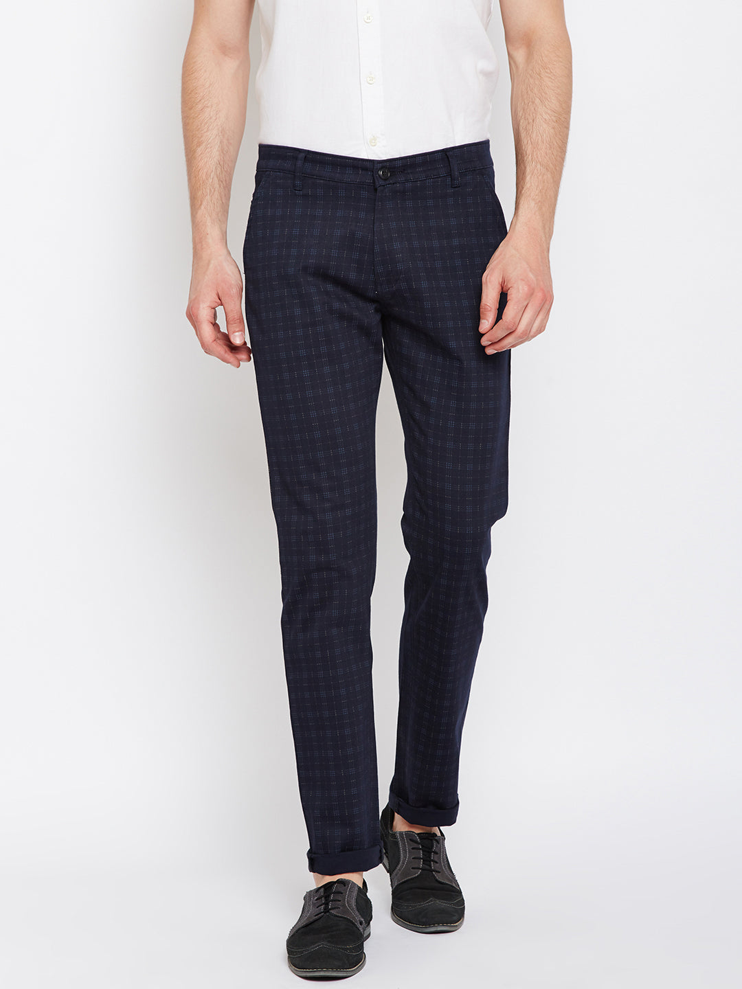 Men Navy Checkered Slim Fit Cotton Stretchable Casual Trouser