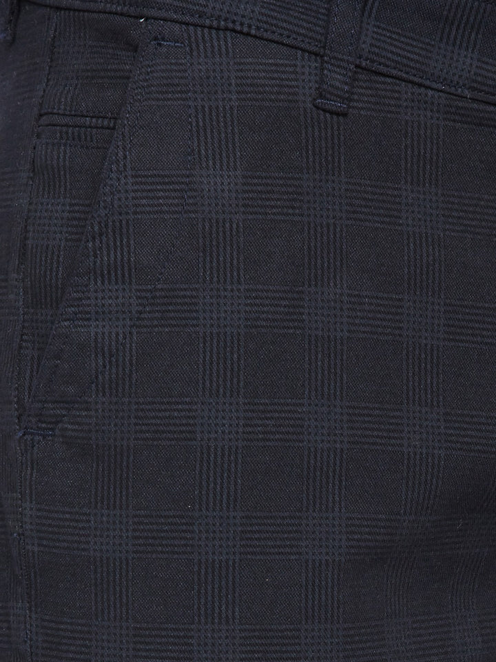Men Navy Checkered Cotton Stretch Slim Fit Non Denim Vintage Trouser