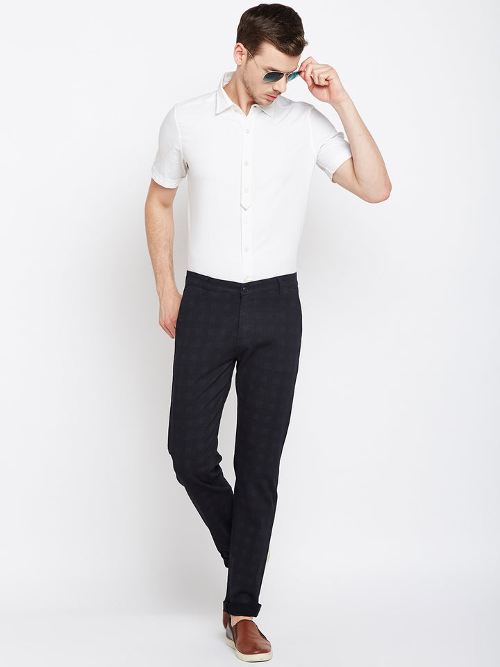 Men Navy Checkered Cotton Stretch Slim Fit Non Denim Vintage Trouser