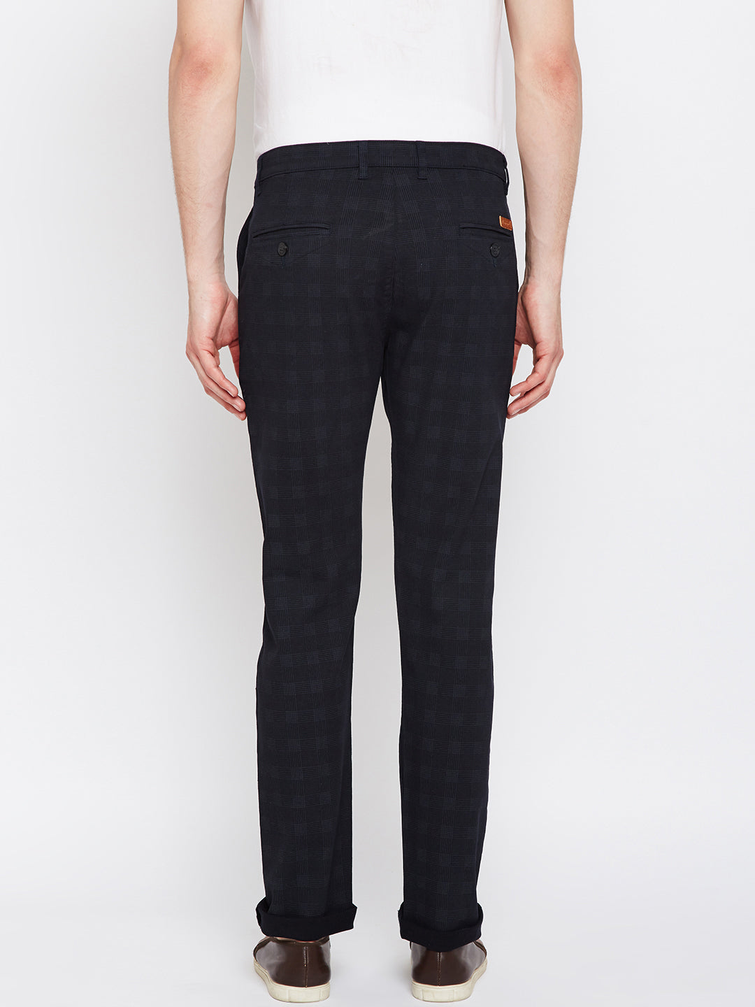 Men Navy Checkered Cotton Stretch Slim Fit Non Denim Vintage Trouser