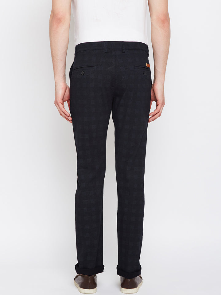 Men Navy Checkered Cotton Stretch Slim Fit Non Denim Vintage Trouser