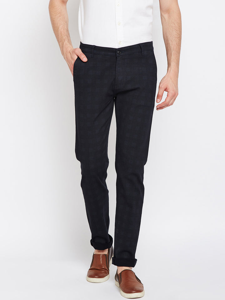 Men Navy Checkered Cotton Stretch Slim Fit Non Denim Vintage Trouser