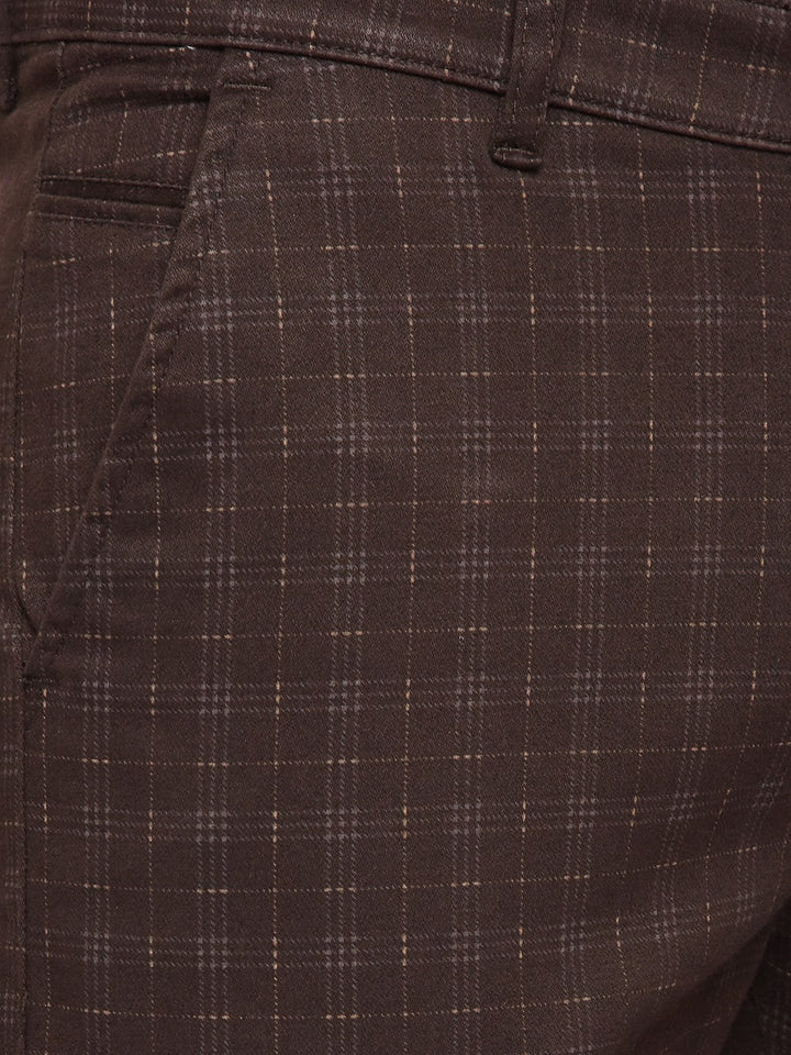 Men Brown Checked Cotton Stretch Casual Trouser