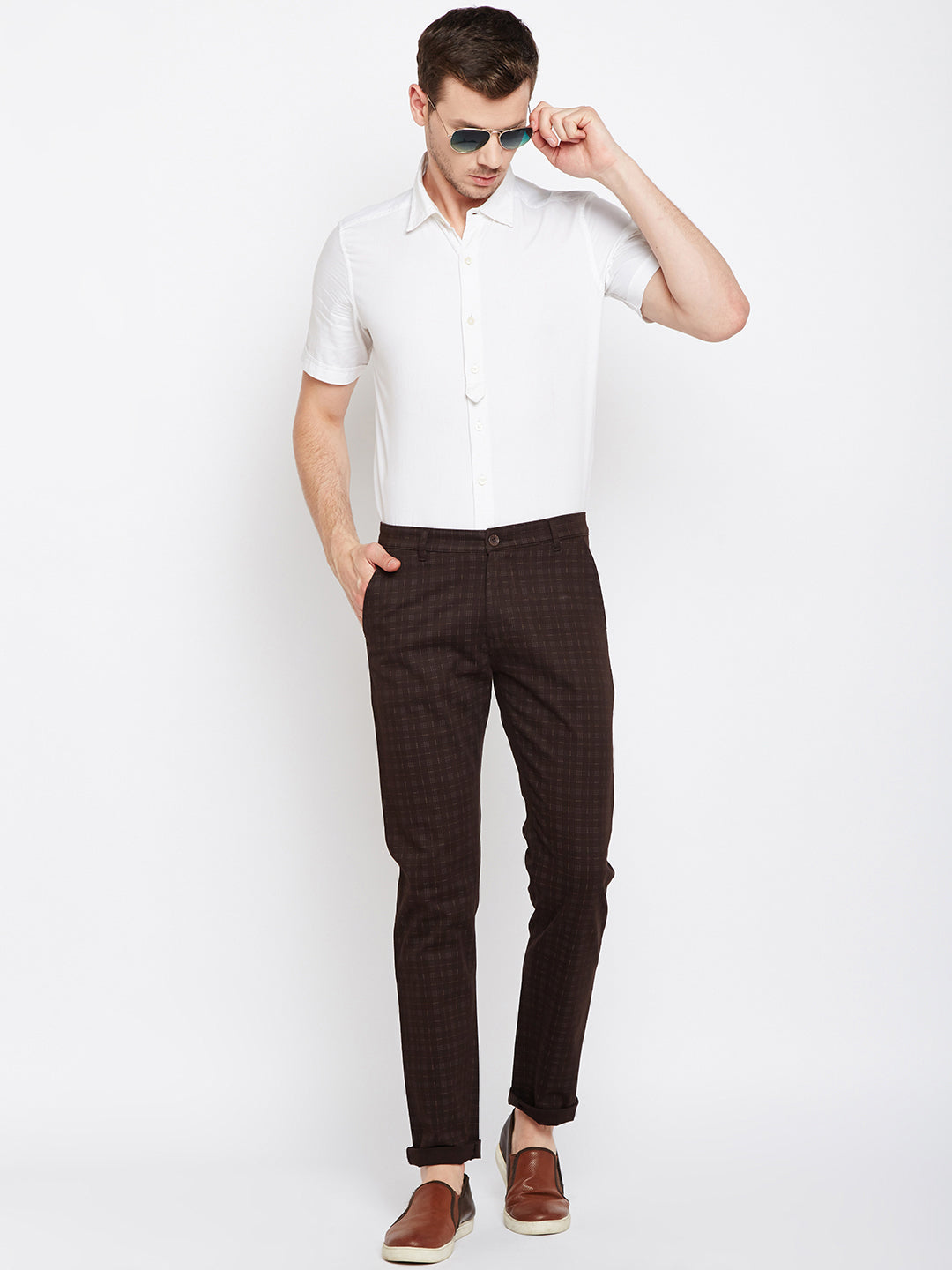 Men Brown Checked Cotton Stretch Casual Trouser