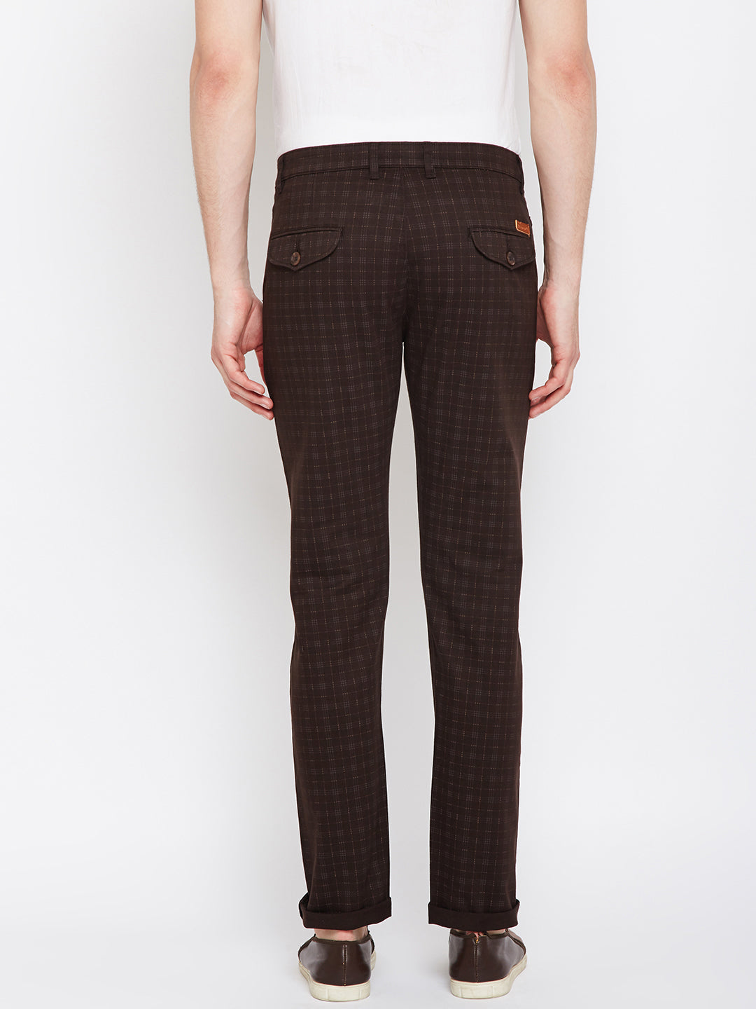 Men Brown Checked Cotton Stretch Casual Trouser