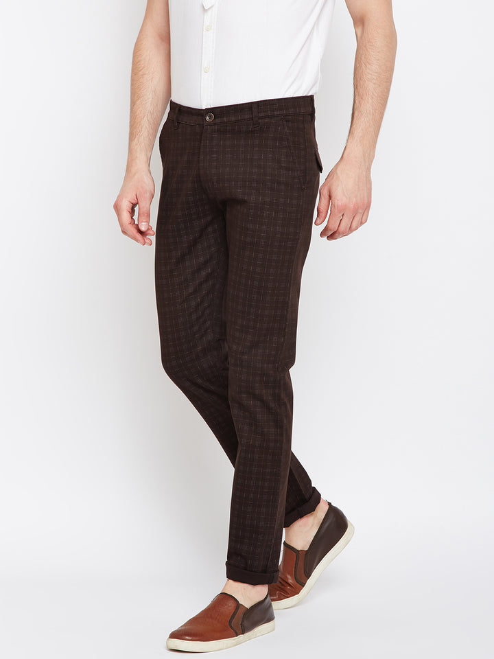 Men Brown Checked Cotton Stretch Casual Trouser