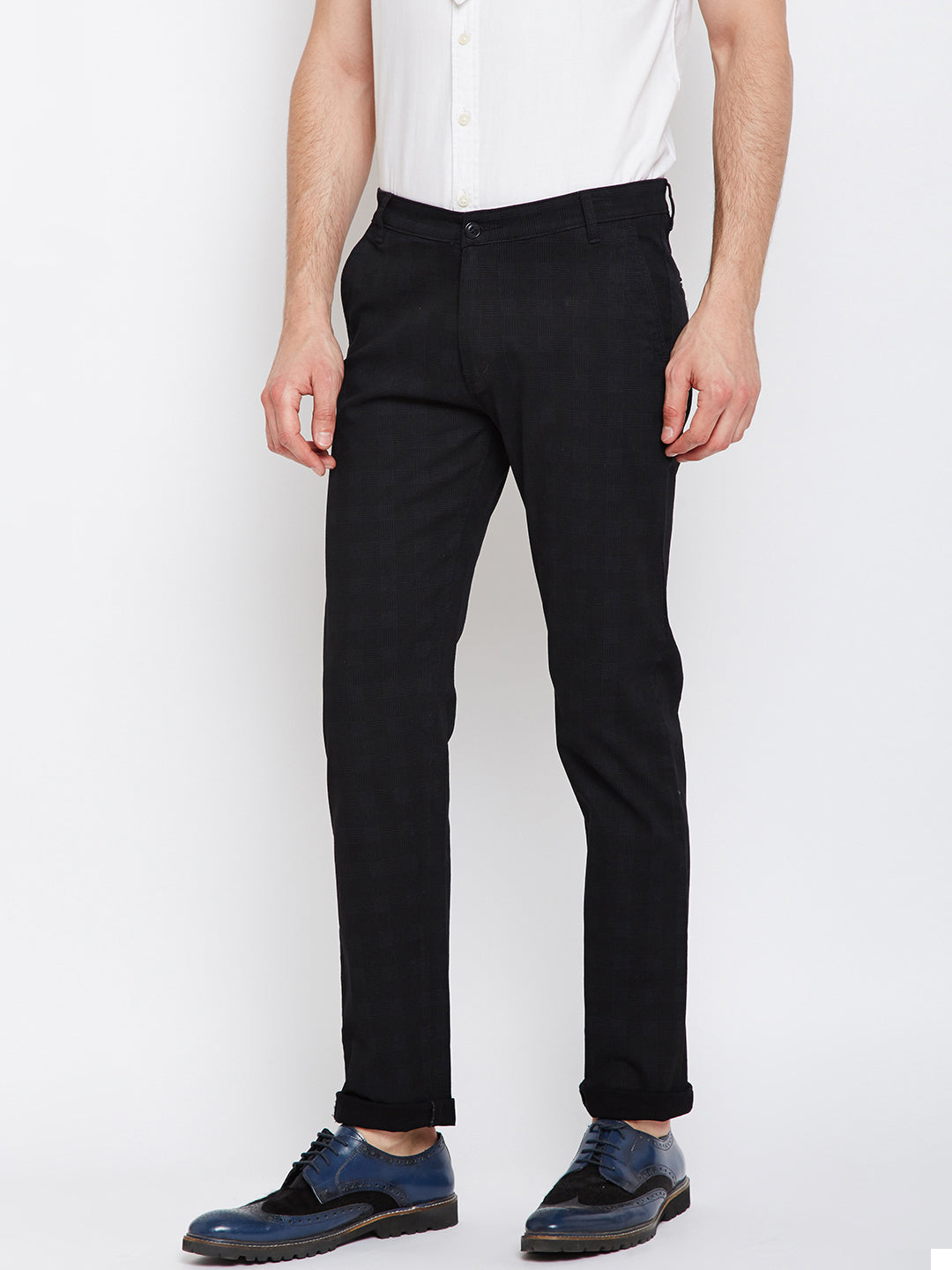 Men Black Checkered Cotton Stretch Slim Fit Non Denim Vintage Trouser