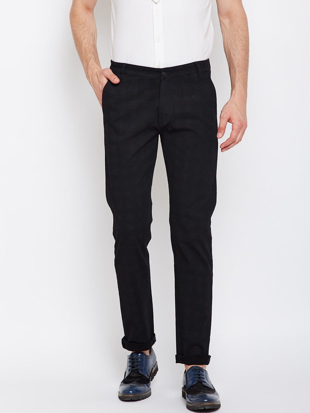 Men Black Checkered Cotton Stretch Slim Fit Non Denim Vintage Trouser