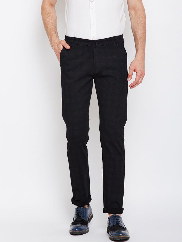 Men Black Checkered Cotton Stretch Slim Fit Non Denim Vintage Trouser