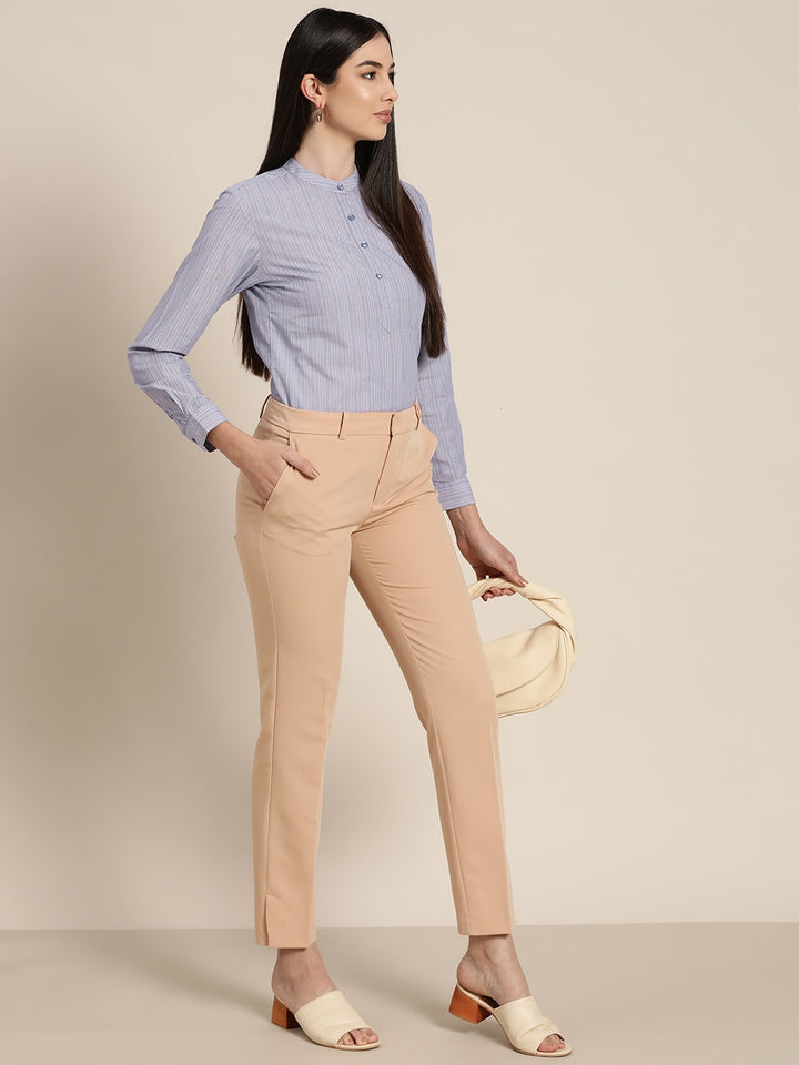 Women Sky Blue Striped Pure Cotton Slim Fit Formal Top