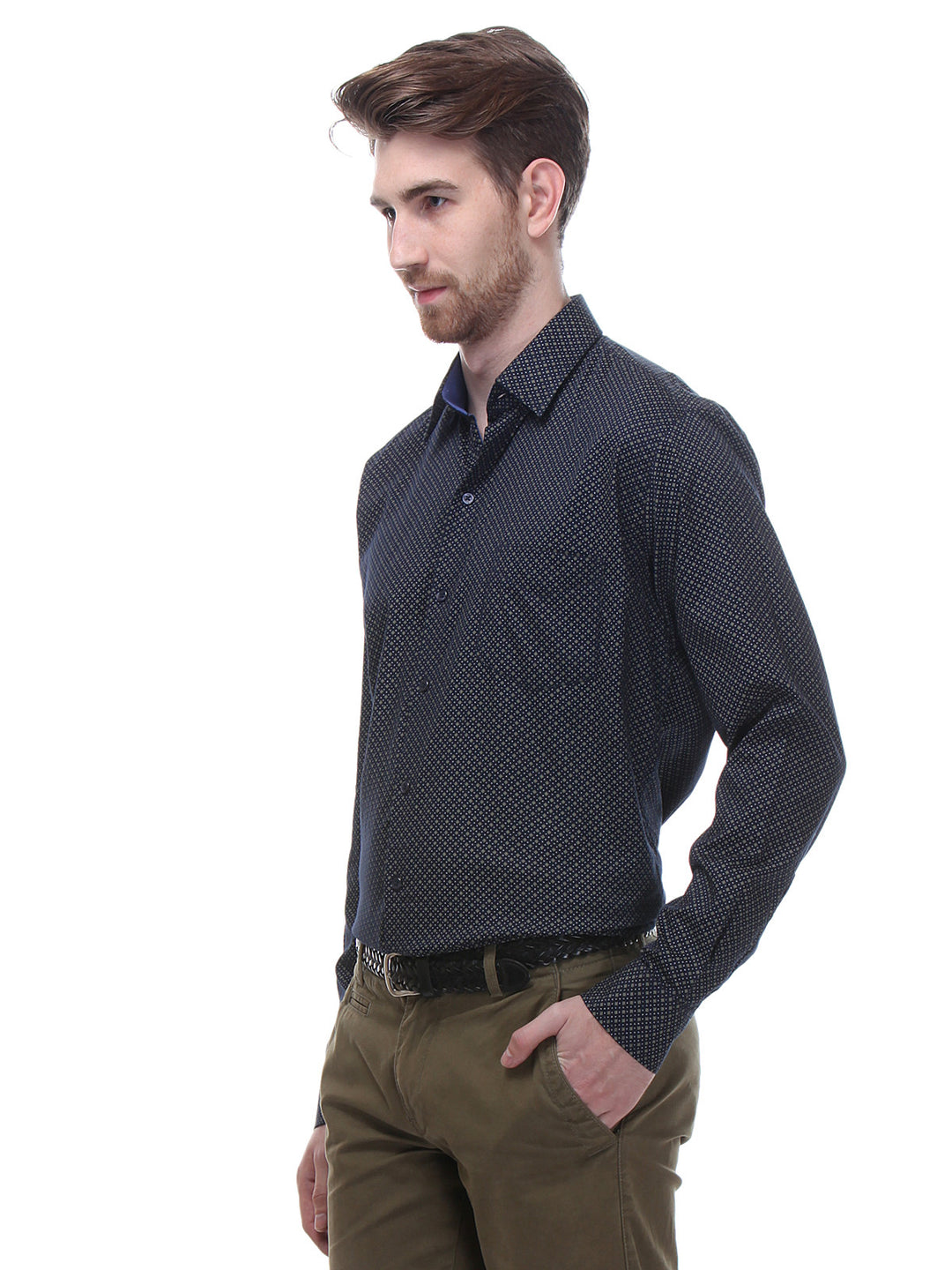 Men Navy and Yellow Slim Fit Print Pure Cotton Formal Shirt
