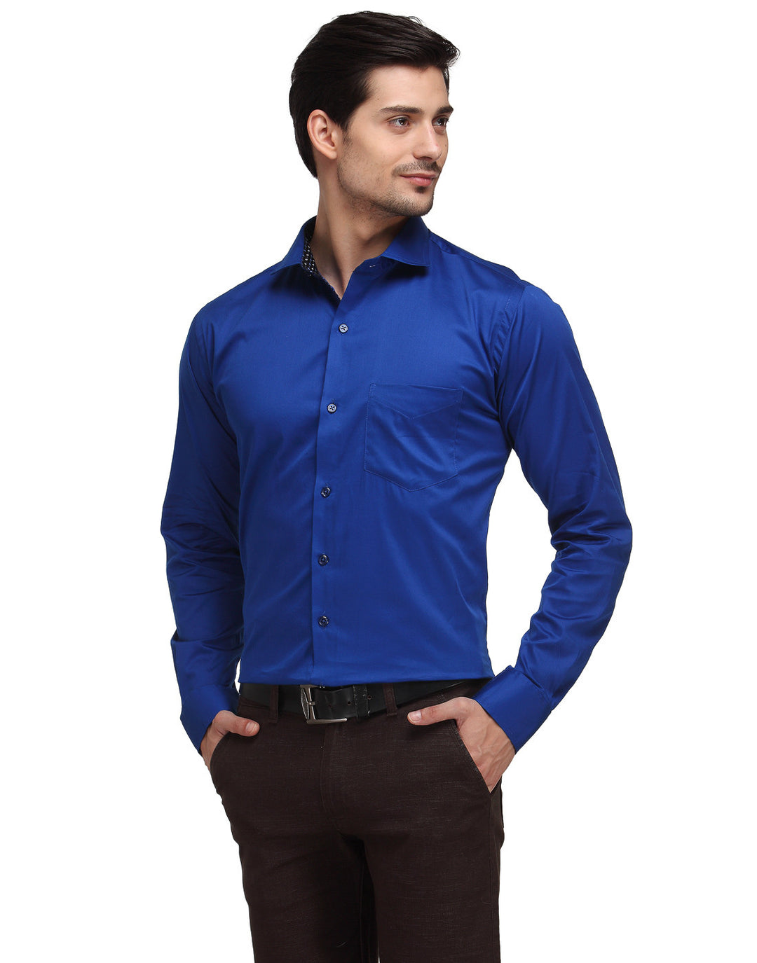 Men Blue Slim Fit Solid Satin Pure Cotton Formal Shirt
