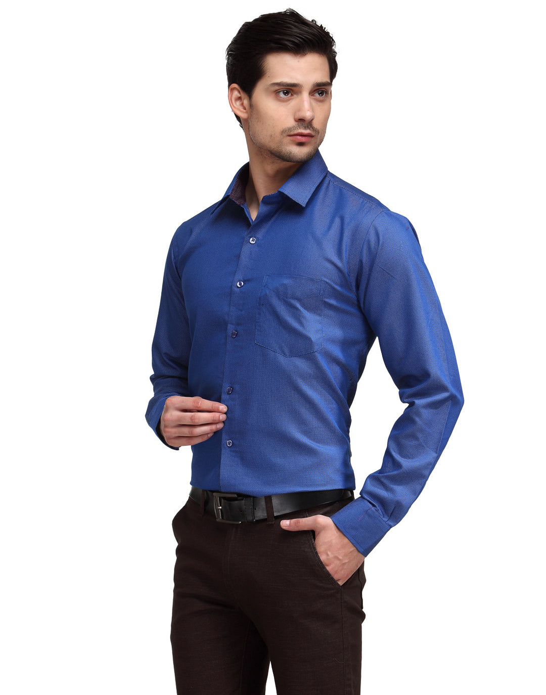 Men Blue Slim Fit Solid Dobby Cotton Rich Formal Shirt