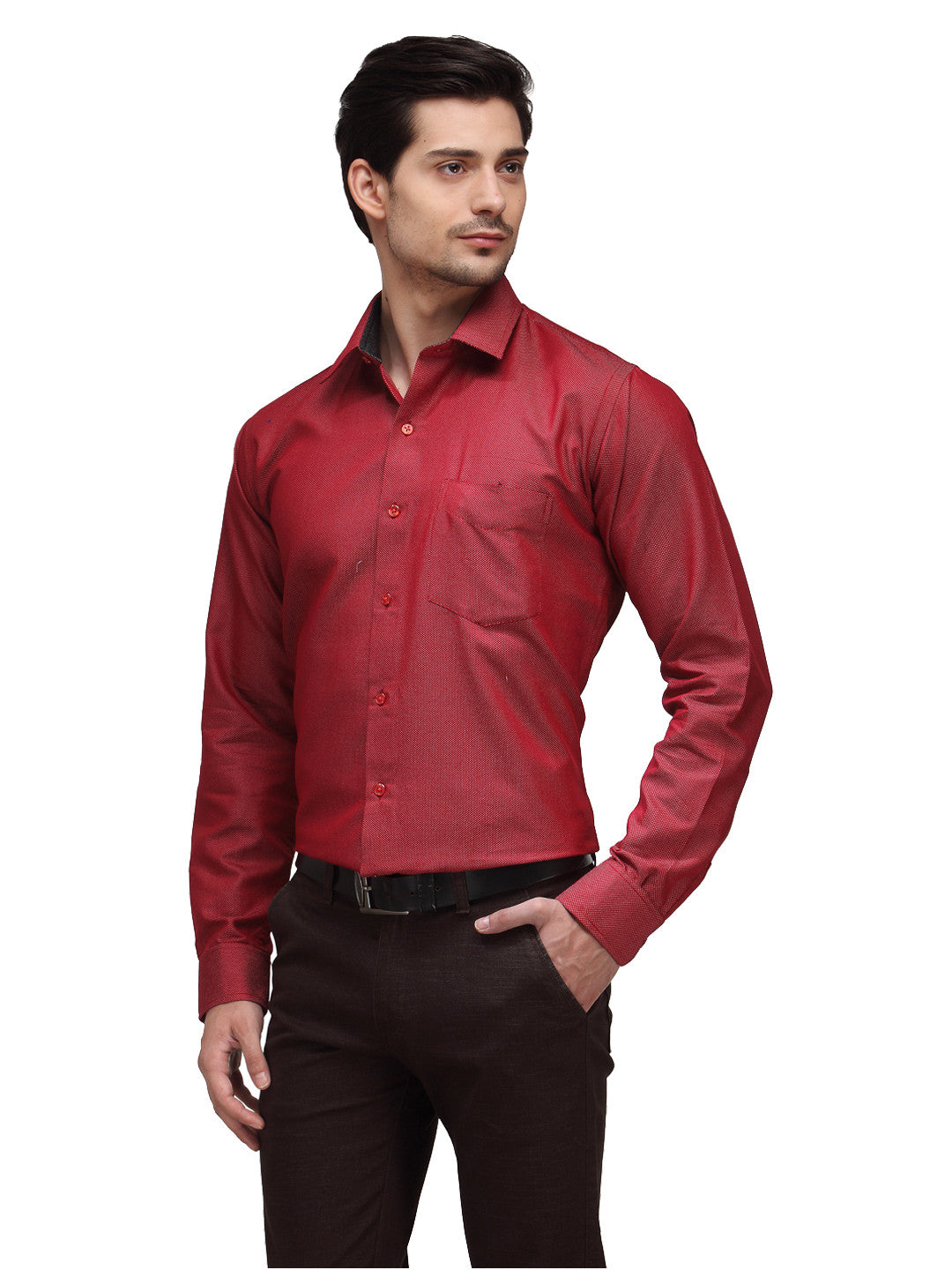 Men Red Slim Fit Solid Dobby Cotton Rich Formal Shirt