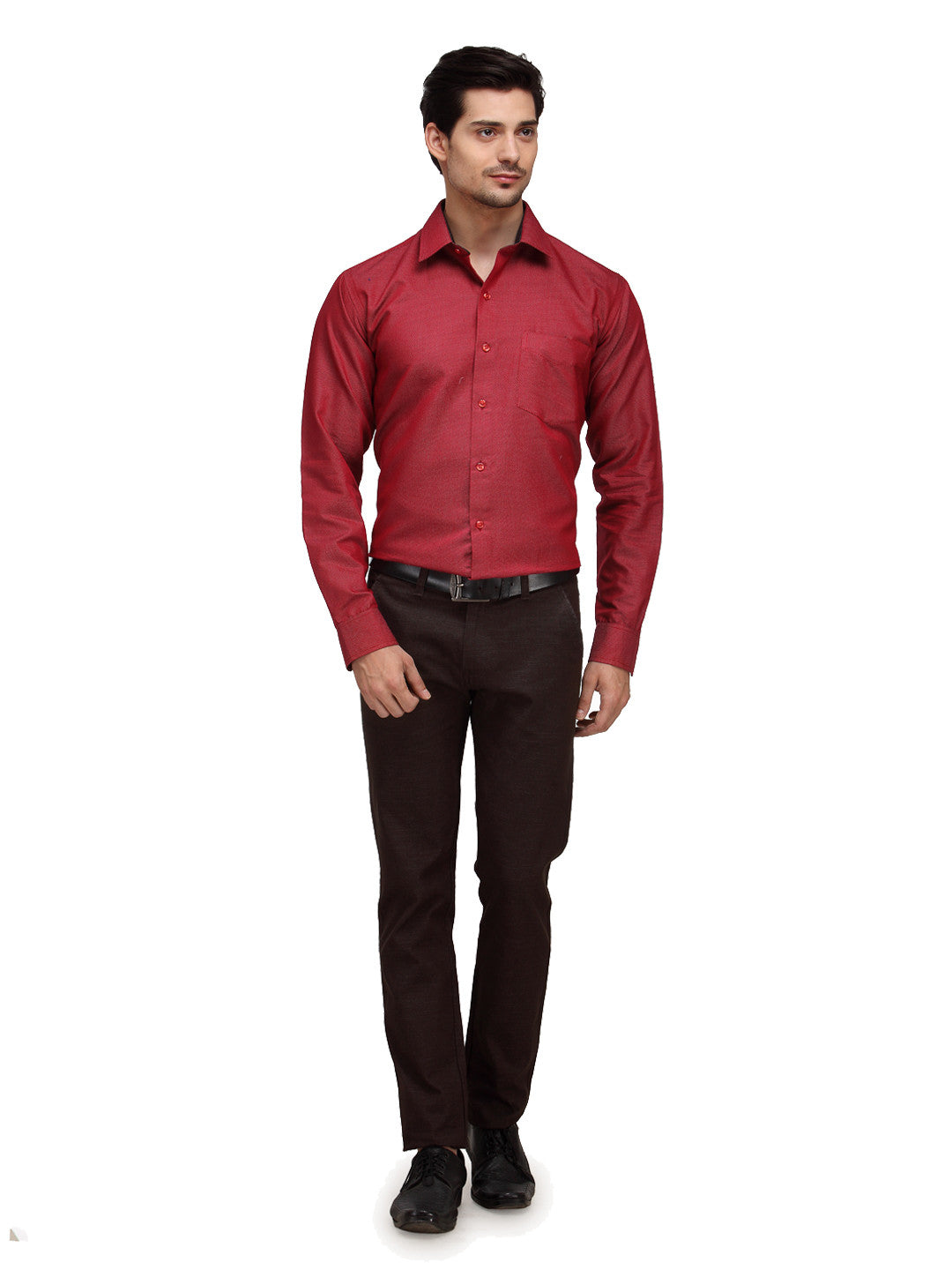 Men Red Slim Fit Solid Dobby Cotton Rich Formal Shirt