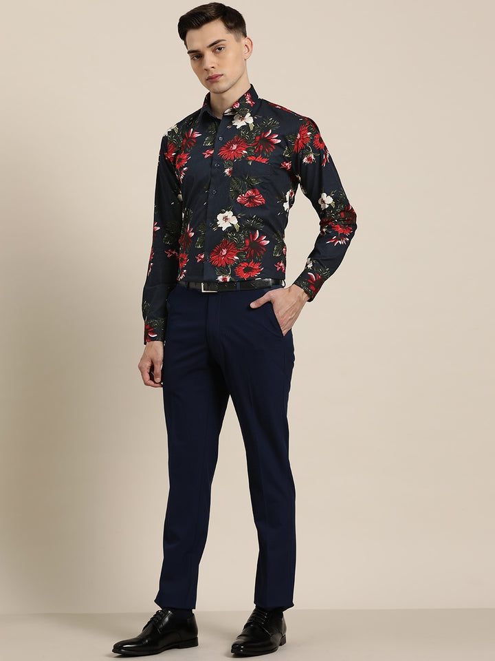 Men Navy & Red Prints Pure Cotton Slim Fit Formal Shirt