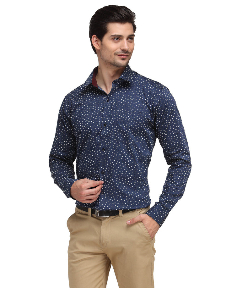 Men Navy Slim Fit Print Pure Cotton Formal Shirt