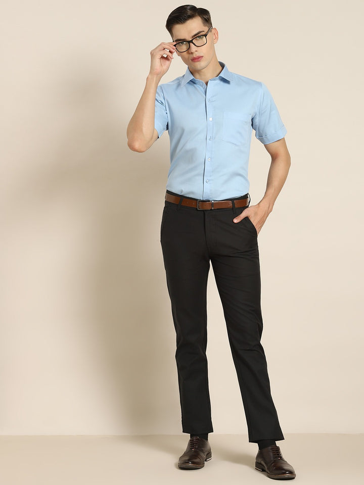Men Black Solids Cotton Elastene Slim Fit Formal Trouser