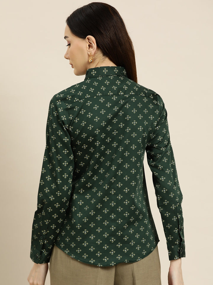 Women Green Prints Pure Cotton Slim Fit Formal Shirt