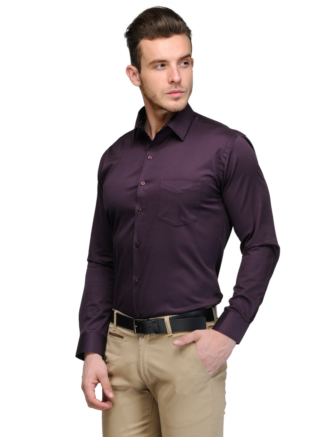 Men Wine Slim Fit Solid Pure Cotton Formal Shirt