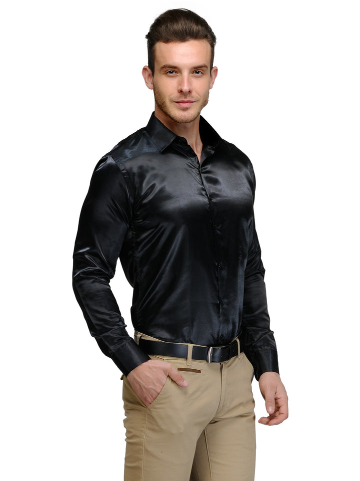 Men Black Slim Fit Solid Satin Pure Polyester Formal Shirt