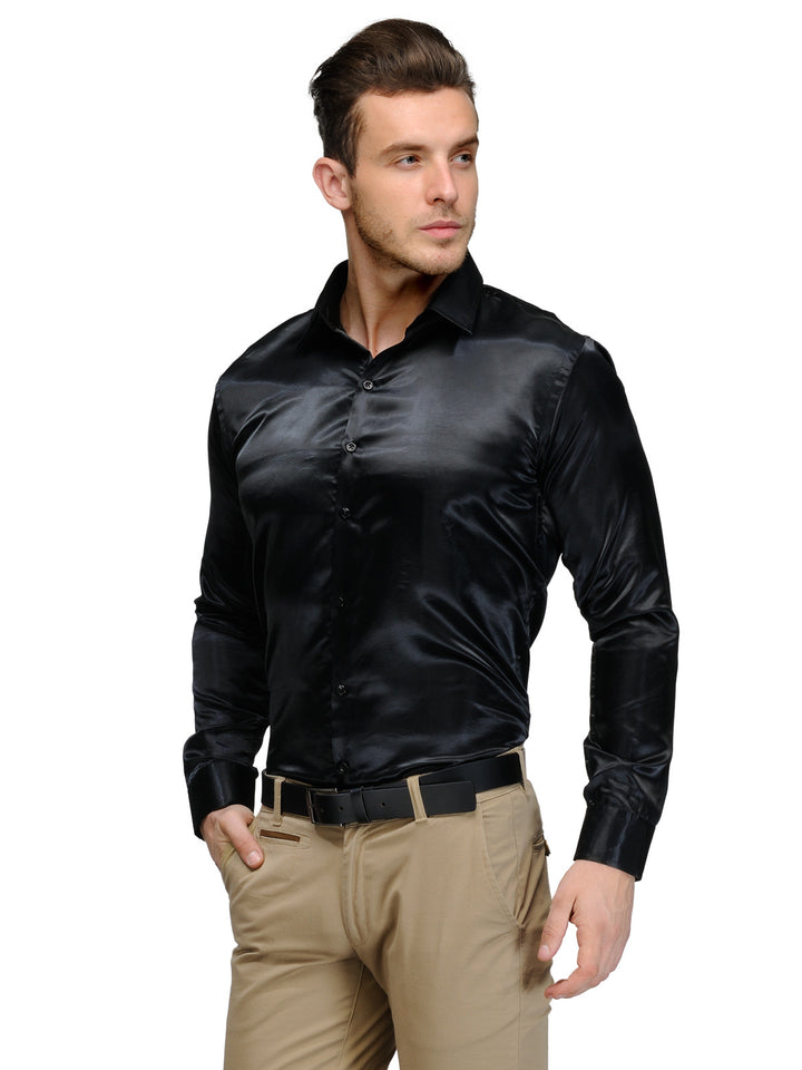 Men Black Slim Fit Solid Satin Pure Polyester Formal Shirt