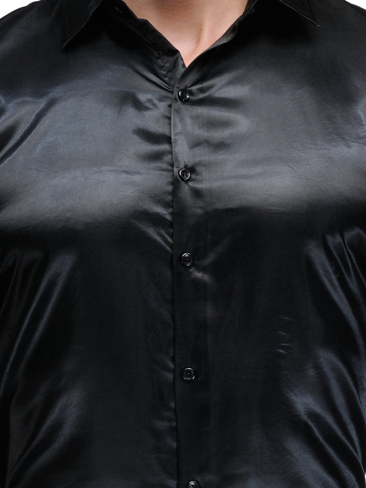 Men Black Slim Fit Solid Satin Pure Polyester Formal Shirt
