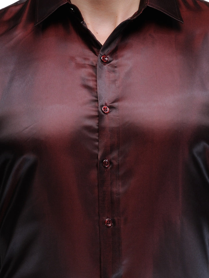 Men Maroon Slim Fit Solid Satin Pure Polyester Formal Shirt