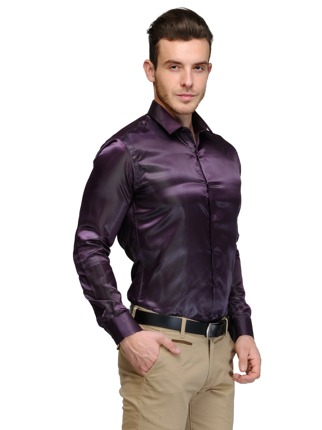 Men Purple Slim Fit Solid Satin Pure Polyester Formal Shirt
