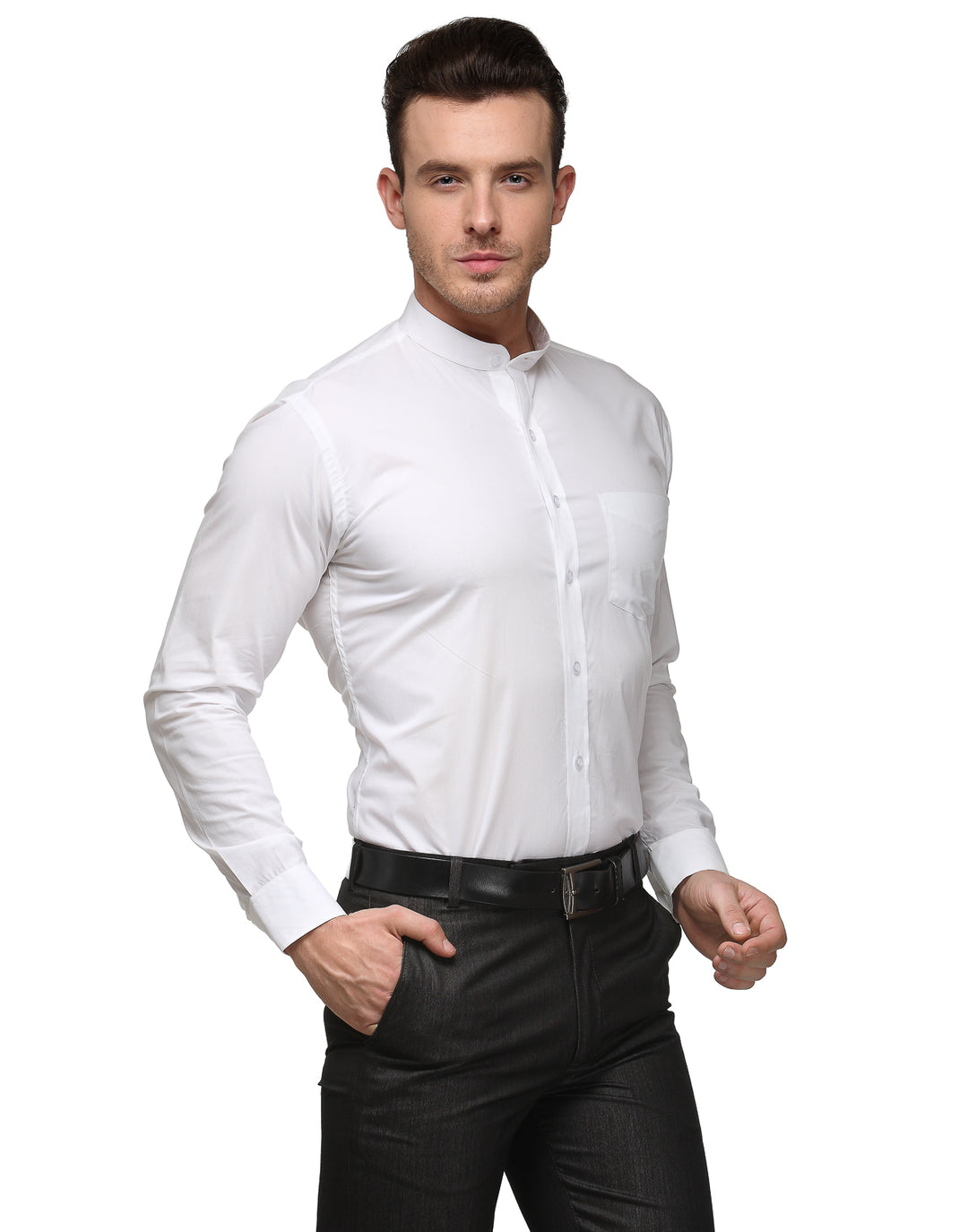 Men White Slim Fit Solid Chinese Collar Pure Cotton Formal Shirt