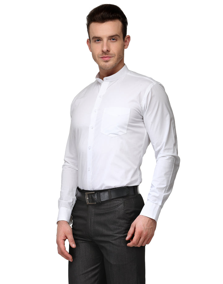 Men White Slim Fit Solid Chinese Collar Pure Cotton Formal Shirt